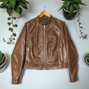 By Bernardo Faux Leather Moto Jacket Women’s Size Medium Brown Zip Pockets Vegan